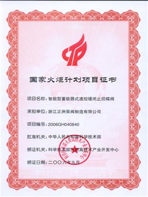 国家火炬计划项目证书